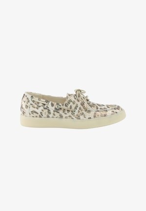 Leopard-print canvas sneakers with a rounded toe, beige laces, and metal eyelets. Soft, textured upper and light rubber sole.