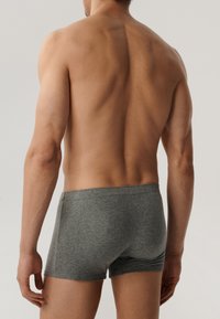 Szare bawełniane krótkie spodenki z miękką teksturą, mające dopasowany krój i elastyczny pasek w talii, widziane z tyłu na neutralnym tle.