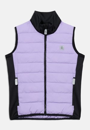 Sleeveless purple padded vest with black sides, high collar, front zipper, and two zippered pockets on the sides.