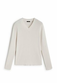V-neck long-sleeve ribbed top in off-white, featuring a textured fabric and a relaxed fit for a modern look. Lightweight and versatile design.