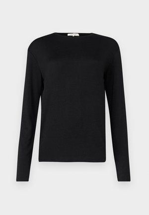 Schwarzes Langarmshirt mit rundem Halsausschnitt, aus weichem Stoff gefertigt. Verfügt über ein schlichtes Design ohne Verzierungen oder Muster.