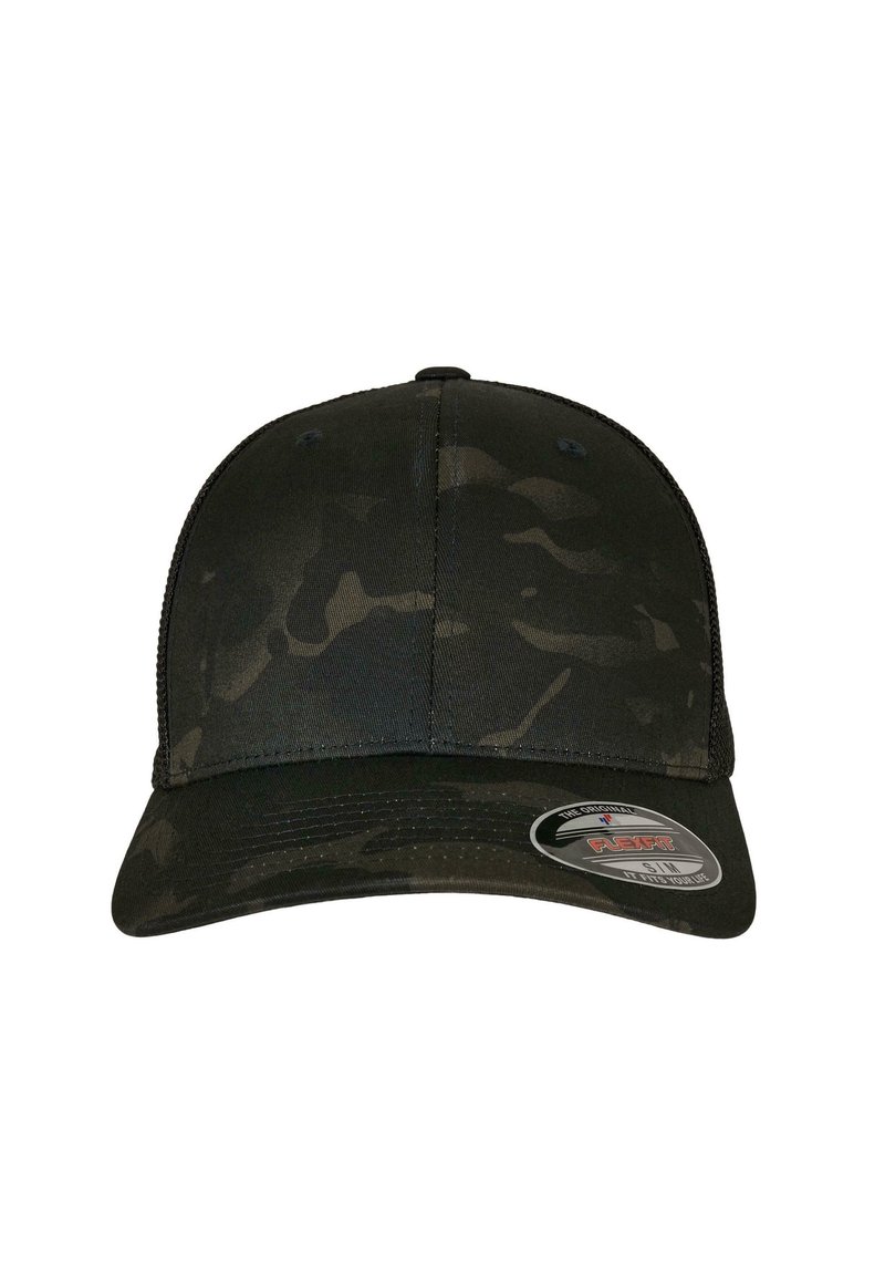Black camouflage baseball cap with a curved brim, made of fabric, featuring mesh sides and a front logo patch.