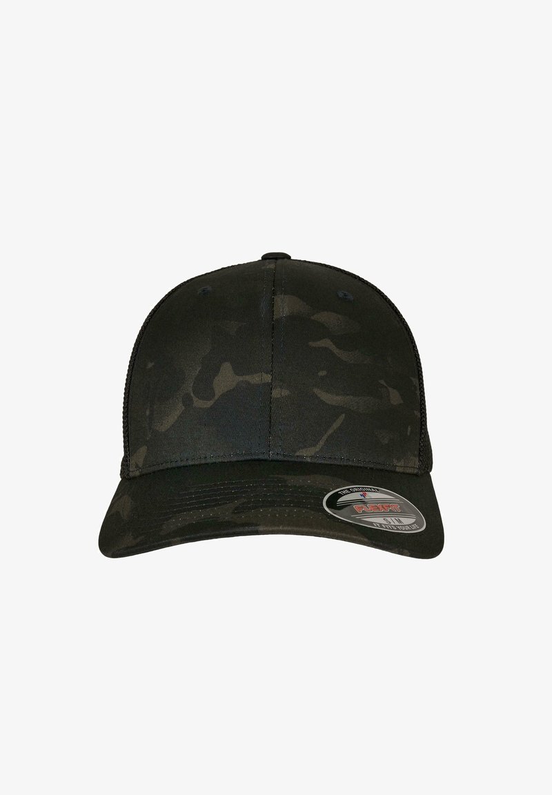 Svart camo baseballcaps med buet skygge, laget av stoff, med netting sider og et frontlogo-patch.
