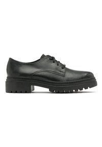 Pantofi din piele neagră, cu vârful rotund, design cu șireturi și talpă din cauciuc groasă și rezistentă. Prezintă detalii subtile cusute și o textură netedă.