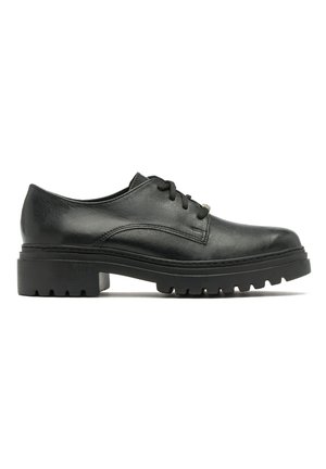 Scarpe di pelle nera con punta arrotondata, design con lacci e suola in gomma spessa e robusta. Presentano delicate cuciture e una texture liscia.