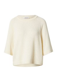 Helle crème-farbene Strickpullover mit strukturiertem Finish, rundem Ausschnitt und kurzen Ärmeln. Lockere Passform mit geradem Abschluss.