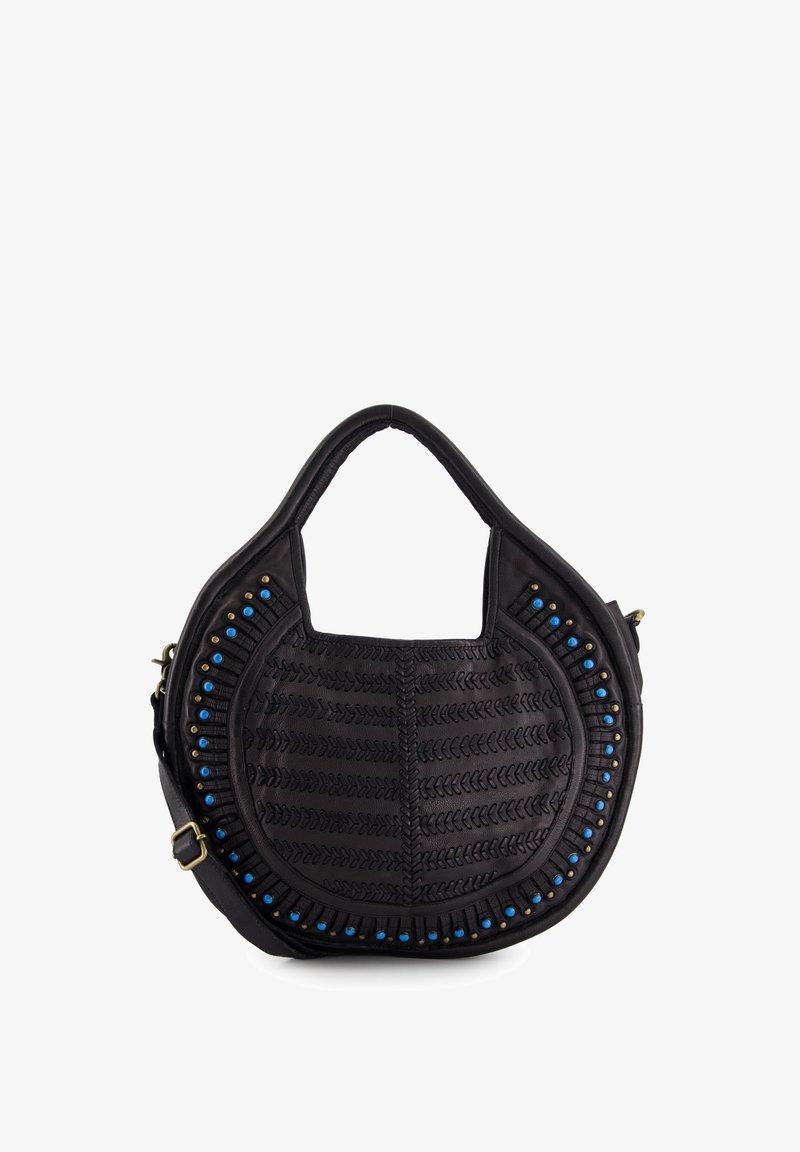 Schwarze Lederhandtasche mit runder Form, ausgestattet mit strukturiertem Stich und blauen Perlenakzenten entlang der Kanten. Kurzer Griff, verstellbarer Schultergurt.
