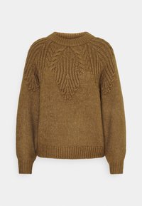 Pull en tricot marron avec un col rond, présentant des motifs de feuilles texturés sur les épaules et des poignets et ourlet côtelés. Matériau doux et épais.