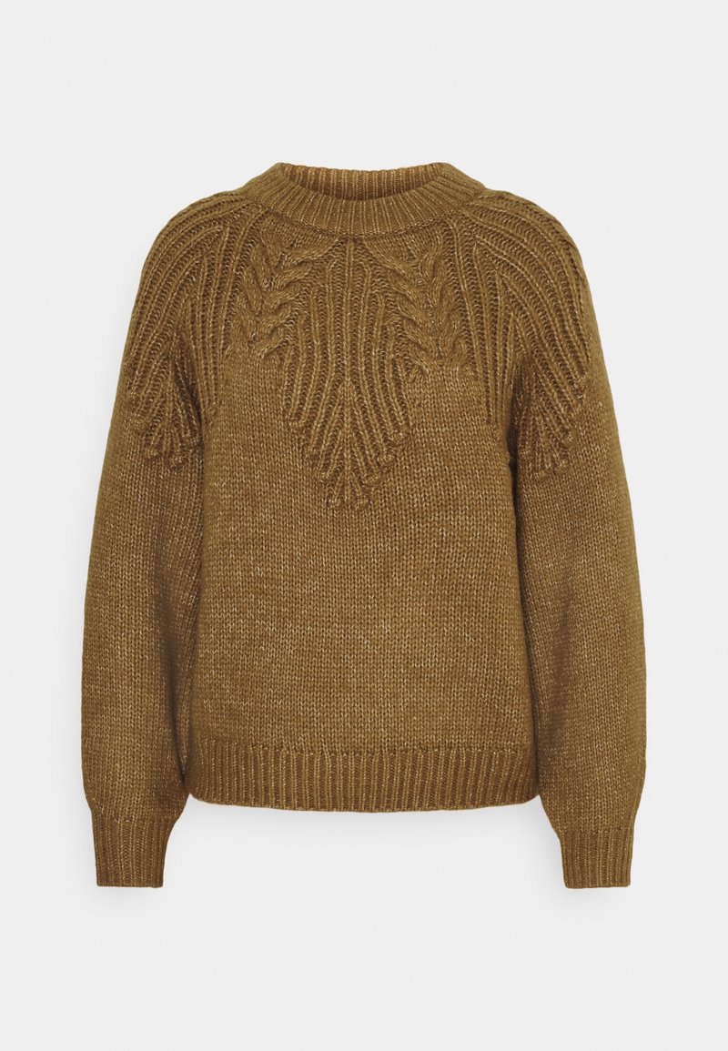 Pull en tricot marron avec un col rond, présentant des motifs de feuilles texturés sur les épaules et des poignets et ourlet côtelés. Matériau doux et épais.
