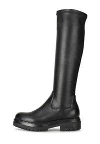 Stivale nero al ginocchio realizzato in pelle liscia con punta tonda e suola robusta. Presenta un design senza cuciture e pochi dettagli decorativi.