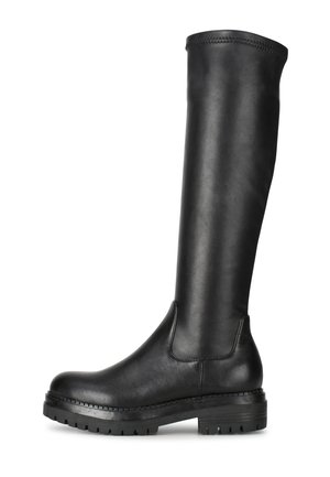 Bottine noire à hauteur de genou en cuir lisse avec un bout rond et une semelle robuste. Présente un design sans couture et un minimum d'accents décoratifs.