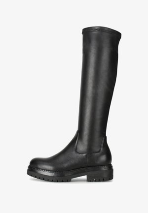 Schwarze knielange Stiefel aus glattem Leder mit runder Spitze und robustem Profil. Verfügt über ein nahtloses Design und minimalistische dekorative Akzente.