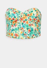 Květinový korzetový top s mátově zeleným pozadím, zdobený oranžovými, žlutými a modrými květy. Hladká textura a strukturovaný design.