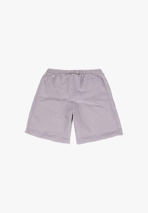 Pantaloni corti viola chiaro realizzati in tessuto leggero, dotati di una cintura elastica, tasche laterali e un semplice motivo a quadretti.
