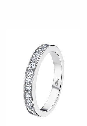 Silver band ring featuring a row of sparkling round clear stones along one side, with a smooth, polished inner surface.