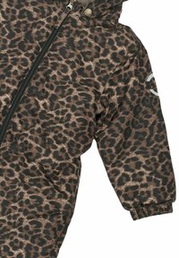 Leopard print winter snowsuit in brown and black tones, featuring a front zipper and elastic cuffs for a secure fit.