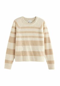 Pull en beige rayé fabriqué en maille douce. Il présente de larges rayures horizontales en beige clair et foncé, ainsi que des poignets et un ourlet côtelés.