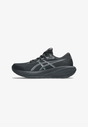 Scarpa da corsa ASICS Gel-Cumulus 28 nera con strisce del logo grigie, tomaia in mesh traspirante e suola spessa ammortizzata.