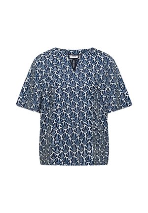 Blusa de manga corta en azul marino y blanco con patrón repetido en forma de abanico y un pequeño corte en forma de V en el cuello.