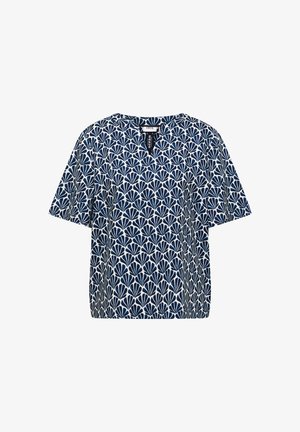 Blusa de manga corta en azul marino y blanco con patrón repetido en forma de abanico y un pequeño corte en forma de V en el cuello.