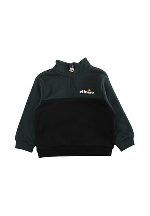 Pull polaire noir et vert foncé avec un col montant, une fermeture éclair mi-longue et un logo brodé sur la poitrine. Poignets et ourlet côtelés.