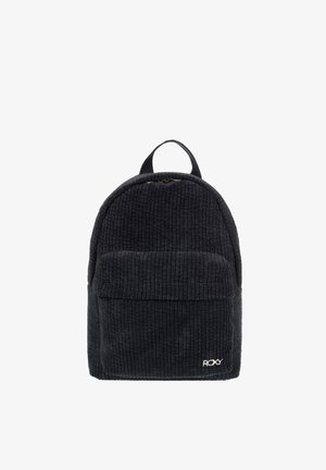Sac à dos en tissu noir côtelé avec poche avant zippée, poignée supérieure et logo Roxy dans le coin inférieur droit.