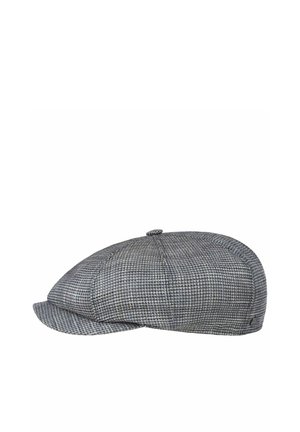 Gray houndstooth-patterned cap with a rounded top, a short brim, and textured fabric. Features a stitched seam and a small logo detail.