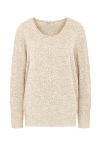 Beige gebreide trui met een ronde halslijn, lange mouwen en een relaxte pasvorm. Gemaakt van zachte stof met een subtiele textuur en zonder zichtbare patronen.