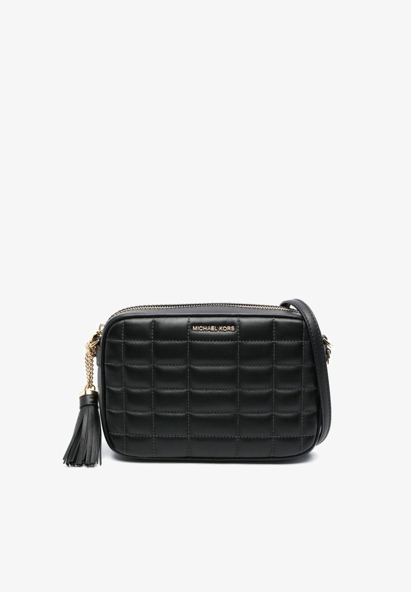 Μαύρη διακεκομμένη δερμάτινη τσάντα χιαστί με χρυσές λεπτομέρειες, που διαθέτει κλείσιμο με φερμουάρ και λεπτομέρεια με μπαλάκι. Έχει ρυθμιζόμενο λουρί.