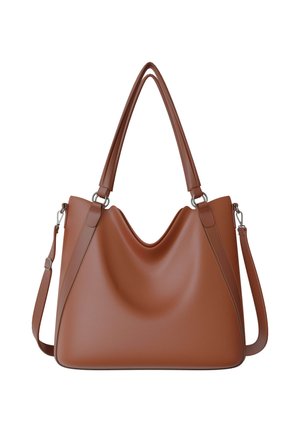 Brown leather handbag with two top handles and a detachable shoulder strap, featuring a soft, slightly slouched shape.