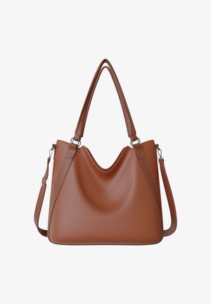 Brown leather handbag with two top handles and a detachable shoulder strap, featuring a soft, slightly slouched shape.