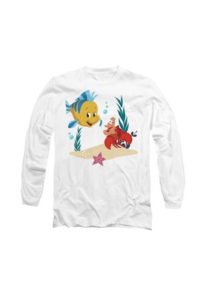 White long-sleeve shirt featuring colorful cartoon fish and crab, surrounded by aquatic plants, bubbles, and a pink starfish.