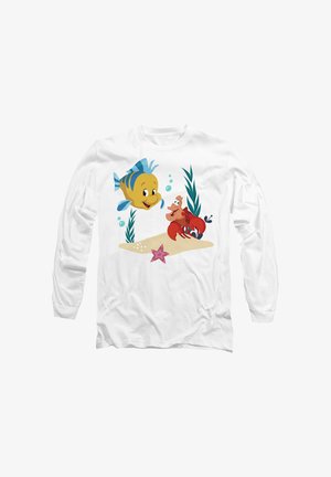White long-sleeve shirt featuring colorful cartoon fish and crab, surrounded by aquatic plants, bubbles, and a pink starfish.