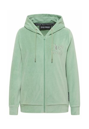 Lysegrøn lynlås-hættetrøje med snore, lange ærmer og "Bruno Banani" broderet på venstre bryst samt mærke i sidesømmen.