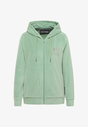 Lysegrøn lynlås-hættetrøje med snore, lange ærmer og "Bruno Banani" broderet på venstre bryst samt mærke i sidesømmen.