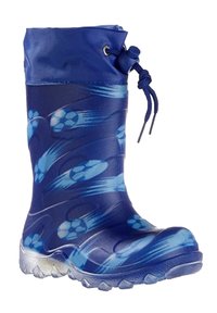 Botte de pluie en caoutchouc bleue avec un motif de ballon de soccer, partie supérieure texturée et fermeture à cordon. Semelle translucide avec adhérence.
