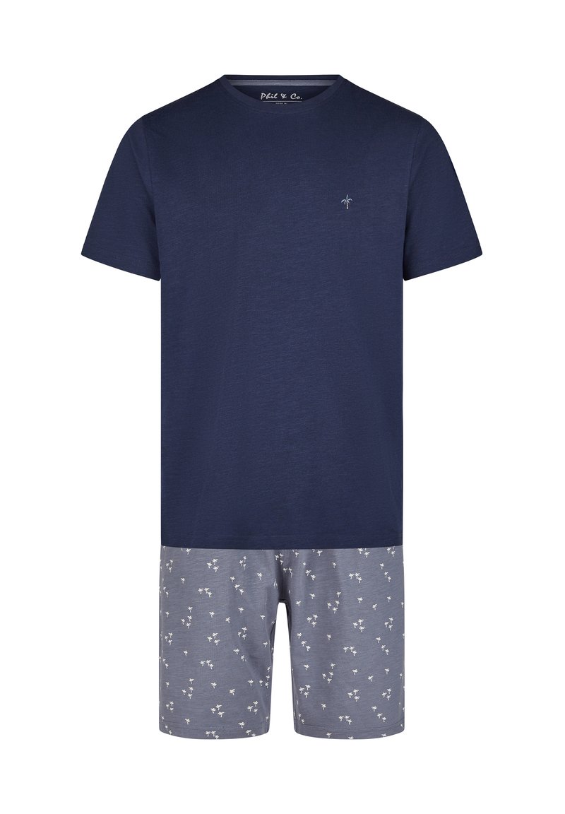 Camiseta de manga corta azul marino con un pequeño logo de palmera en el pecho, combinada con pantalones cortos grises con un patrón de palmeras blancas.