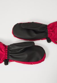 Mânuși roșii și negre cu palmă din piele, mansete elastice și partea superioară din material textil. Caracteristici includ un sistem de închidere sigur pentru o ajustare mai bună și izolație.