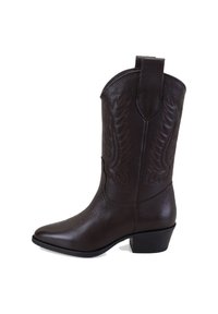 Botte de cowboy en cuir marron foncé avec un talon de hauteur moyenne, des coutures décoratives et des languettes sur la tige, sur fond blanc.