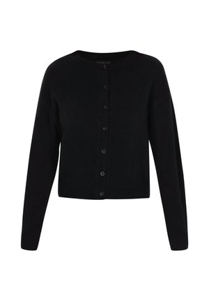 Black cardigan made of soft fabric, featuring a round neck, long sleeves, and a row of buttons down the front, with ribbed cuffs and hem.