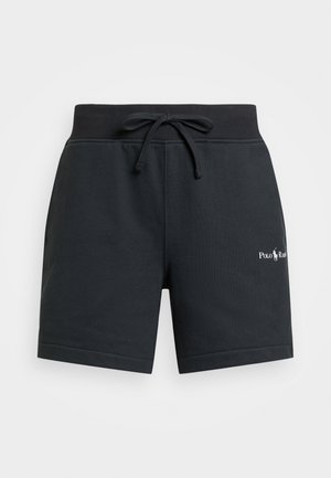 Schwarze Freizeit-Shorts mit geripptem elastischem Bund, Kordelzug und weißem Polo Ralph Lauren-Logo am linken Bein.