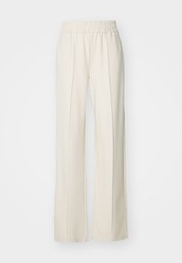 Krémové široké kalhoty s elastickým pasem. Hladká látka, přední záhyby, bez výrazných vzorů nebo kovových doplňků.
