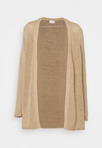 Cardigan beige en maille, ouverture devant, manches longues, texture légère et ample.