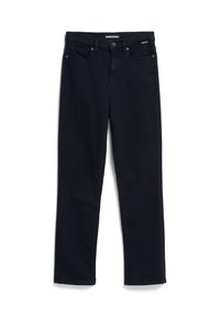 Jeans noirs à coupe droite avec cinq poches, fermeture par bouton et fermeture éclair, et étiquette de marque sur la taille.