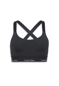 Bustieră sport neagră Calvin Klein cu bretele încrucișate pe umeri și bandă elastică cu logo în partea de jos.