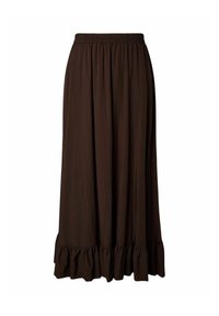 Jupe longue marron foncé avec taille élastique et ourlet à volants, en tissu léger, tombant droit.
