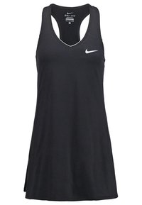 Robe débardeur Nike Dri-FIT noire avec décolleté en V, design dos nageur, texture de tissu douce et un petit logo blanc sur la poitrine.