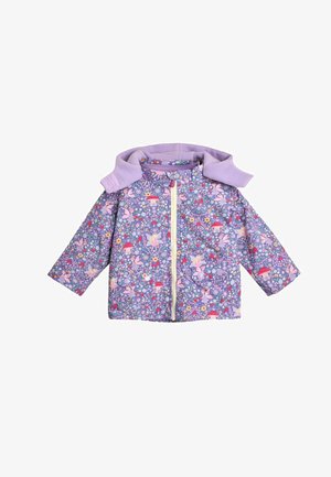 Lila blumengemusterte Jacke mit langen Ärmeln, einem Reißverschluss vorne und einem weichen lavendelfarbenen Kragen. Sie zeigt Bilder von Feen und Pilzen.