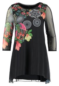 Schwarzes Kleid mit floralen Mustern in lebhaften Farben auf der Vorderseite, mit dreiviertellangen, transparenten Ärmeln und einer leicht ausgestellten Silhouette.