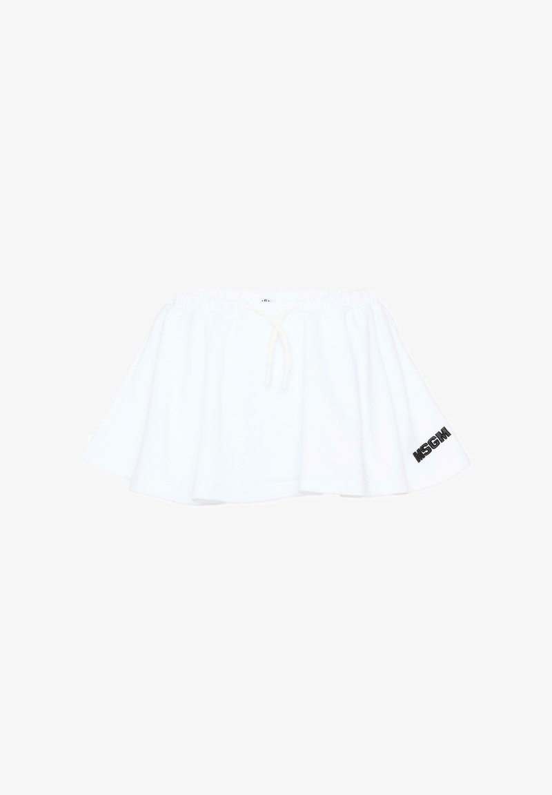 Jupe à taille élastique blanche avec cordon de serrage et logo "MSGM" imprimé en noir sur le bas à droite.